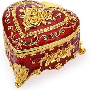 Heart Shape Jewelry Box Metal Trinket Organizer Ring Storage Box Red Gold Vanity